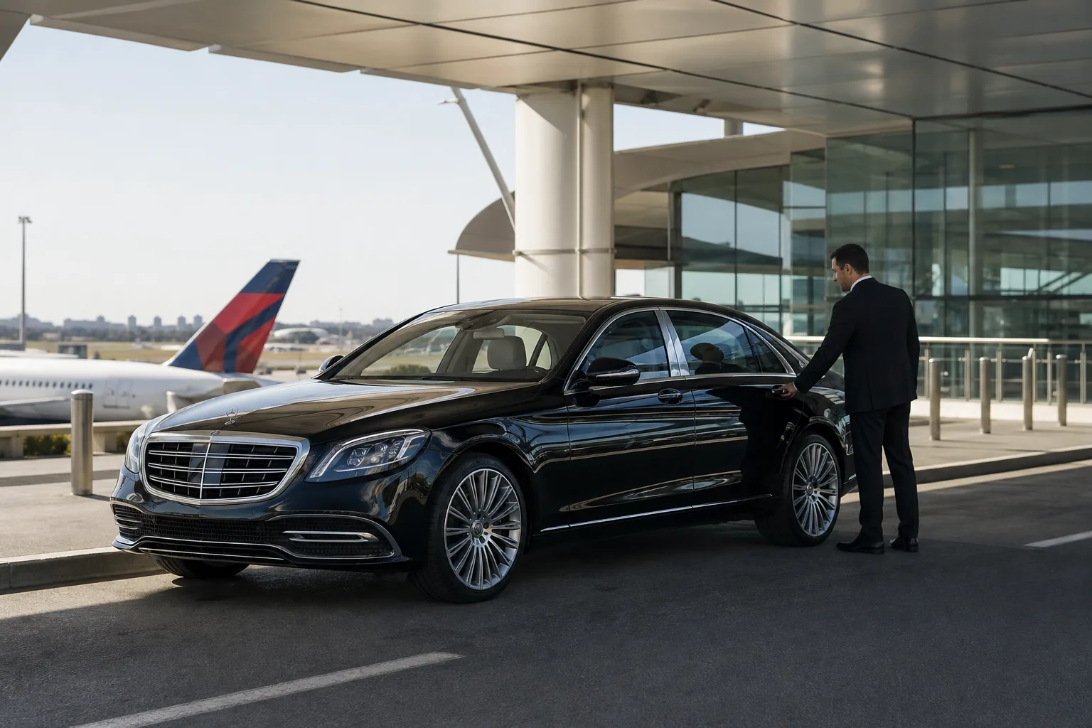 A Mercedes-Benz S-Class at an airport kerbside pickup lane