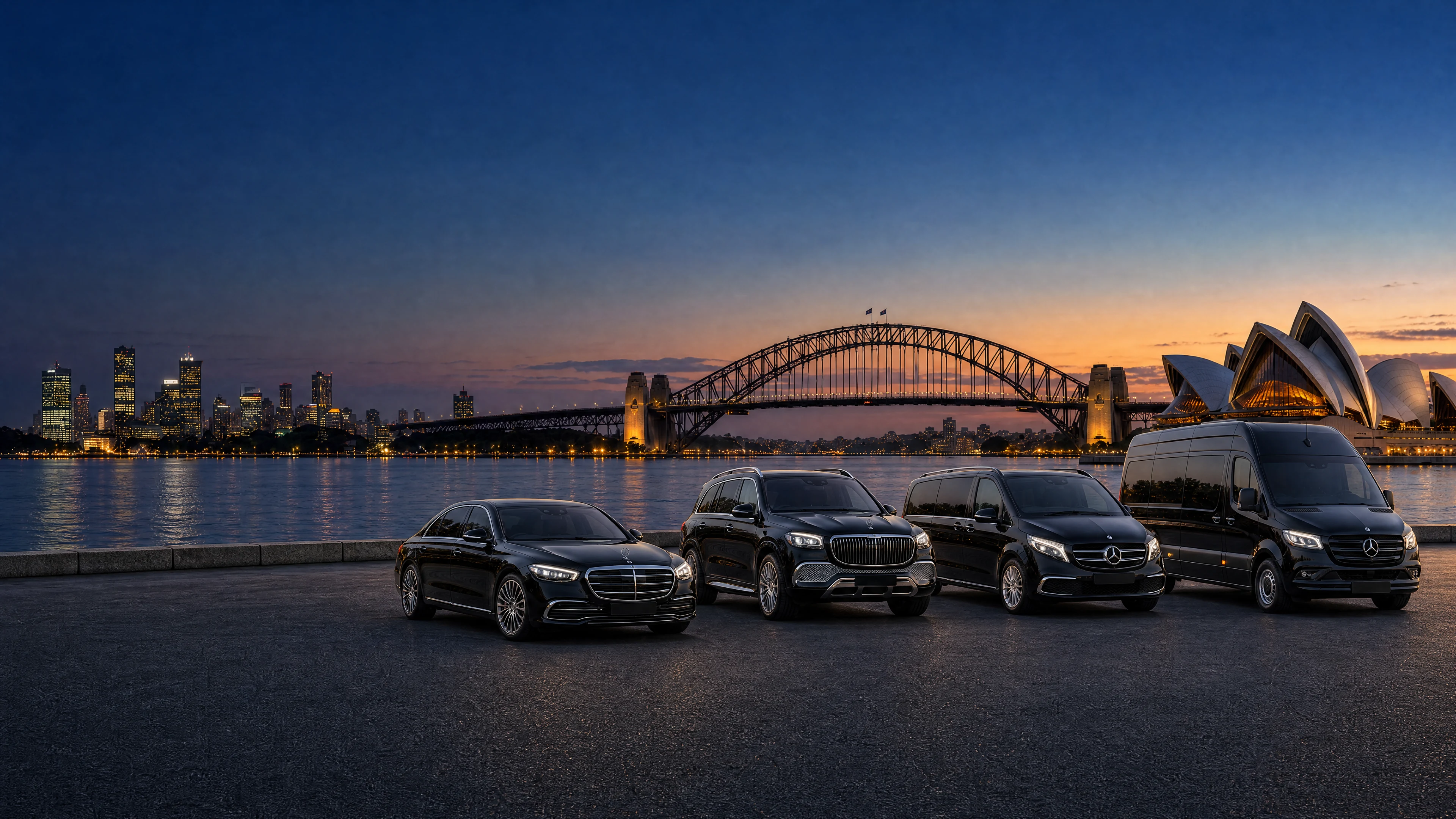 Mercedes-Benz S-Class L, Maybach GLS 600, V-Class and VIP Sprinter beside Sydney Harbour at dusk